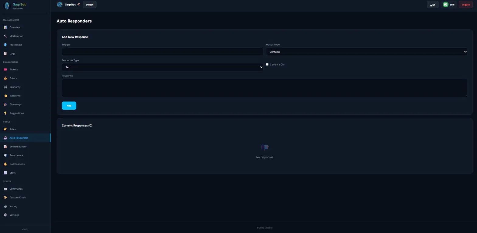SaqrBot auto responder dashboard