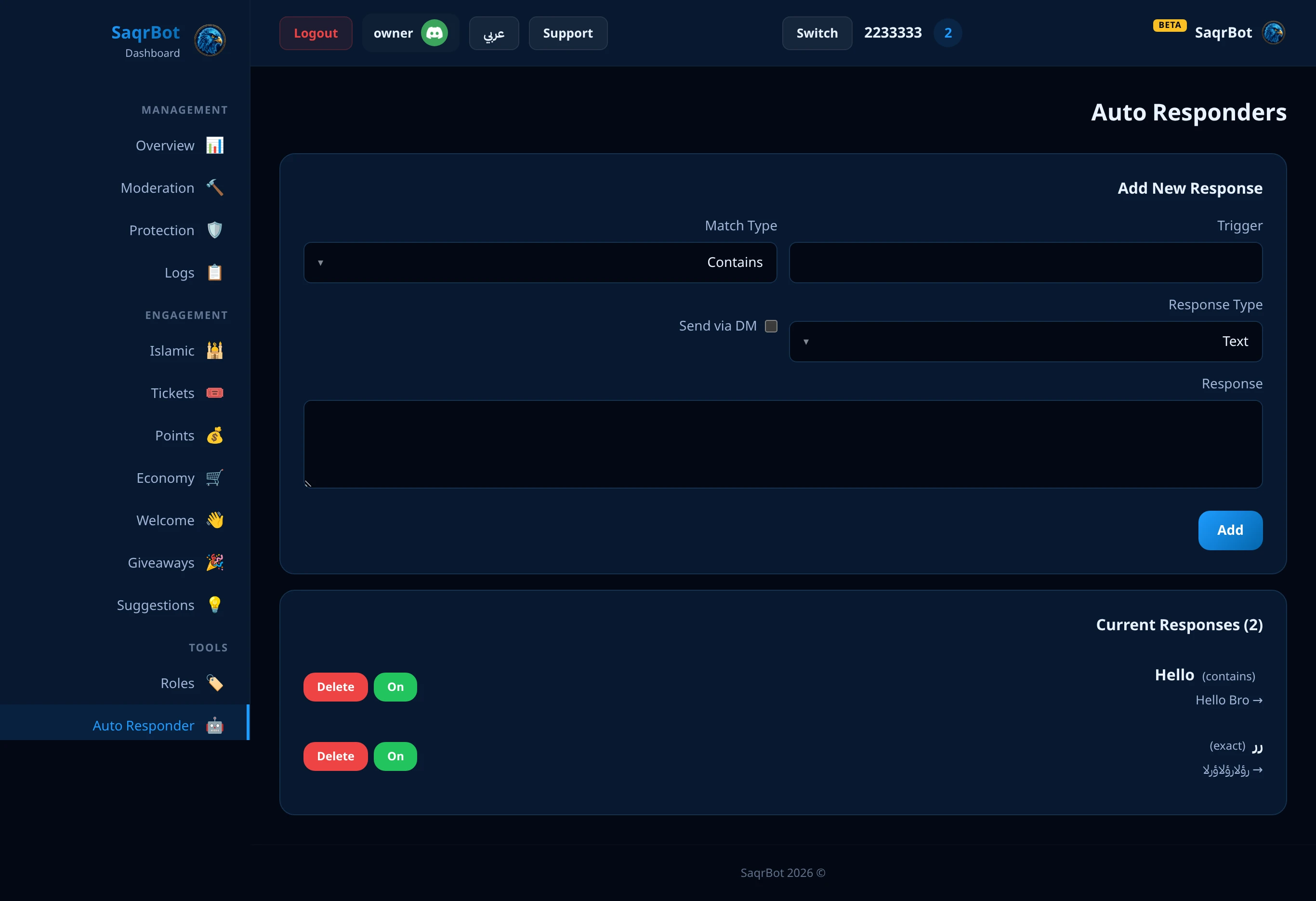 The SaqrBot dashboard Auto Responder page for automatic keyword replies