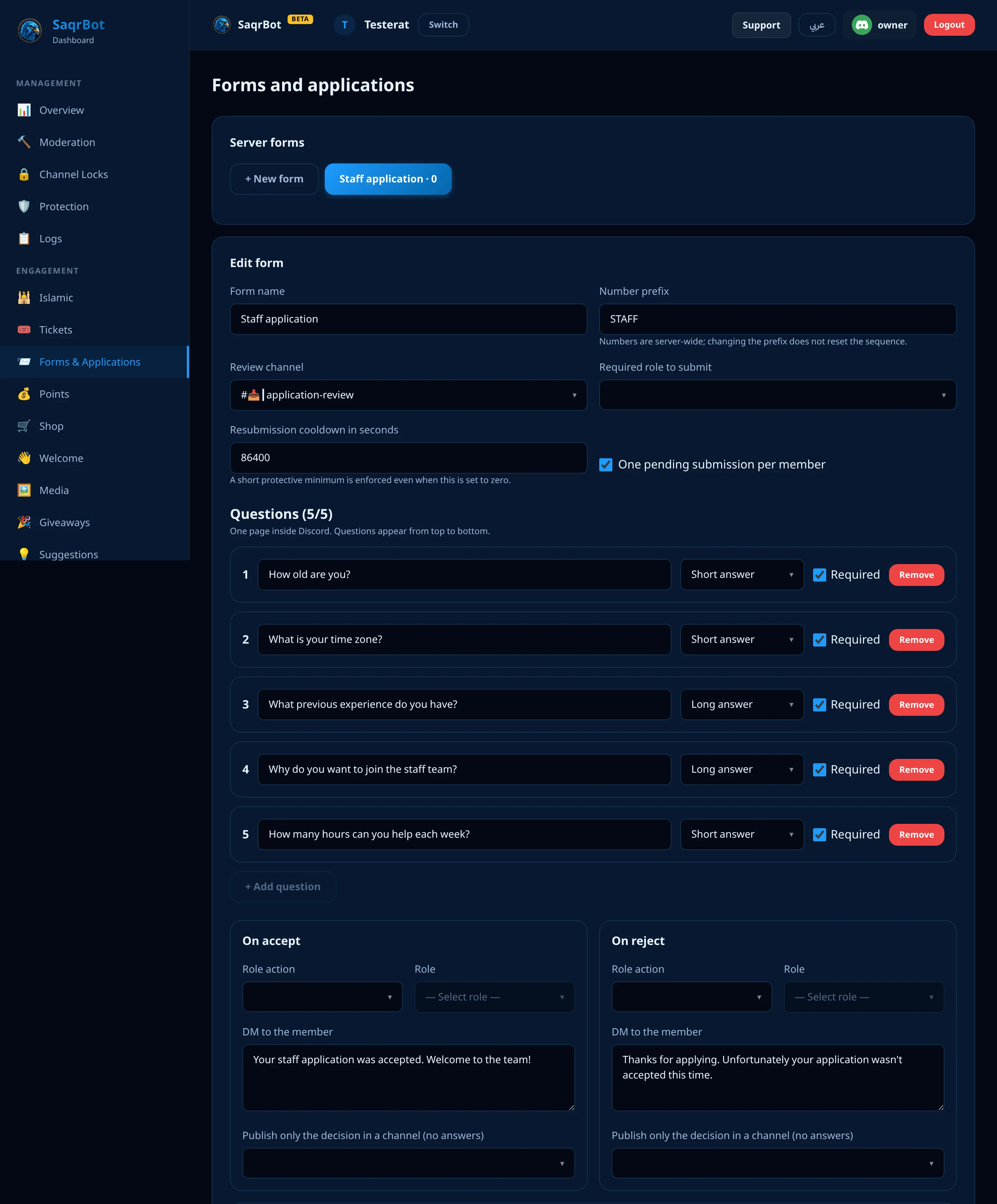 The Forms & Applications page on the SaqrBot dashboard with the staff application template loaded