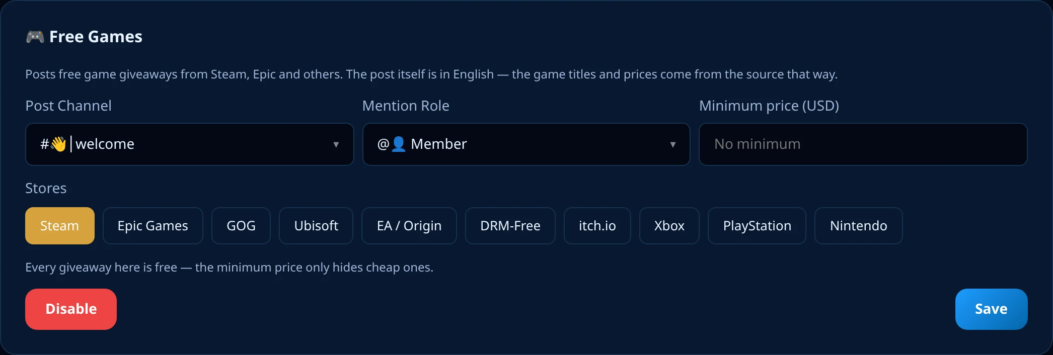 The Free Games card on the SaqrBot dashboard Notifications page
