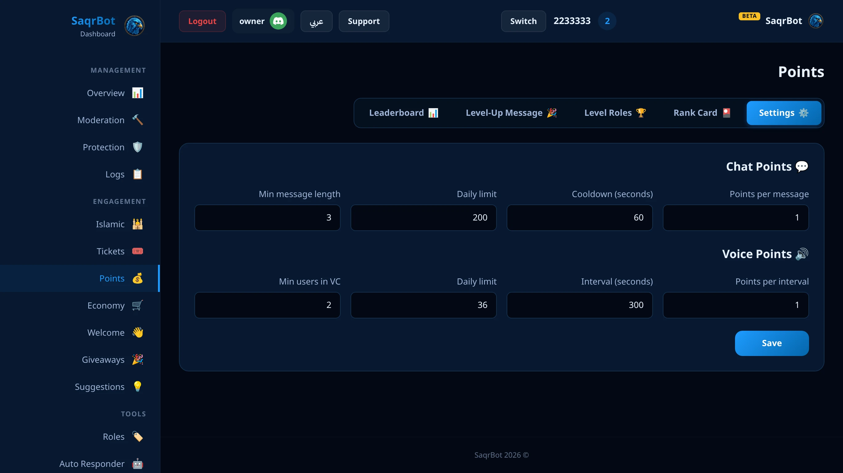 The SaqrBot dashboard Points page for configuring the leveling system