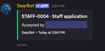 The review message after approval: “STAFF-0004 · Staff application”, accepted, with the reviewer’s name hidden