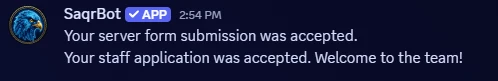The DM the member receives: the fixed acceptance line followed by the server’s own welcome message