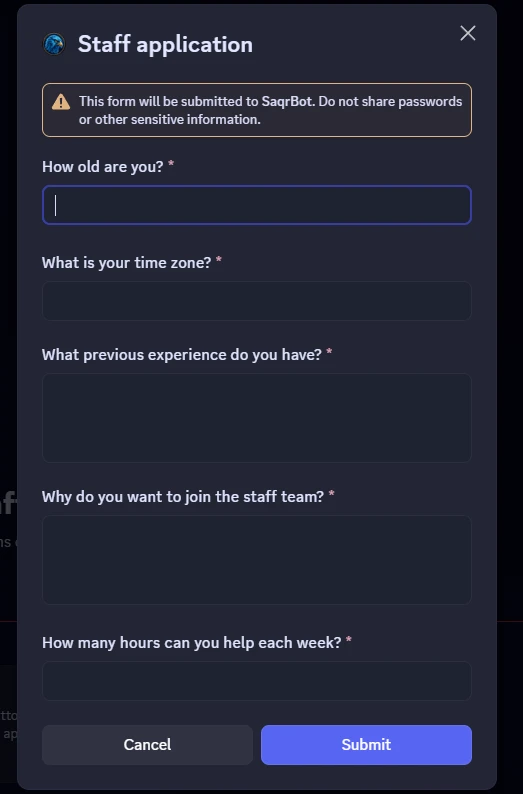 The 5-question “Staff application” window opened inside Discord