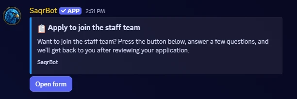 A SaqrBot form panel in Discord titled “Apply to join the staff team” with the Open form button