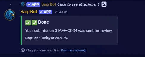 The private confirmation “Your submission STAFF-0004 was sent for review”