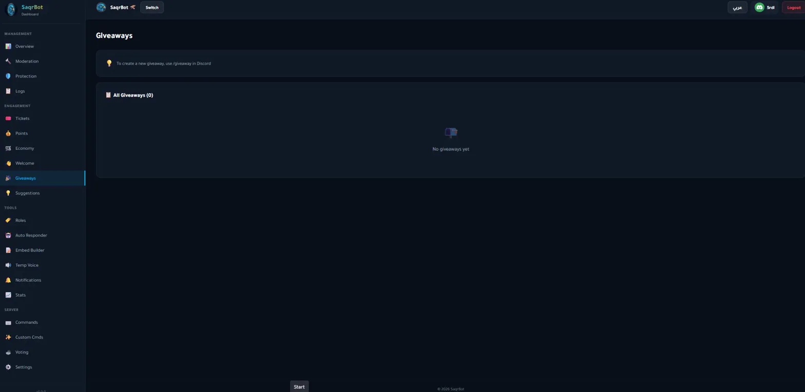 SaqrBot giveaways dashboard