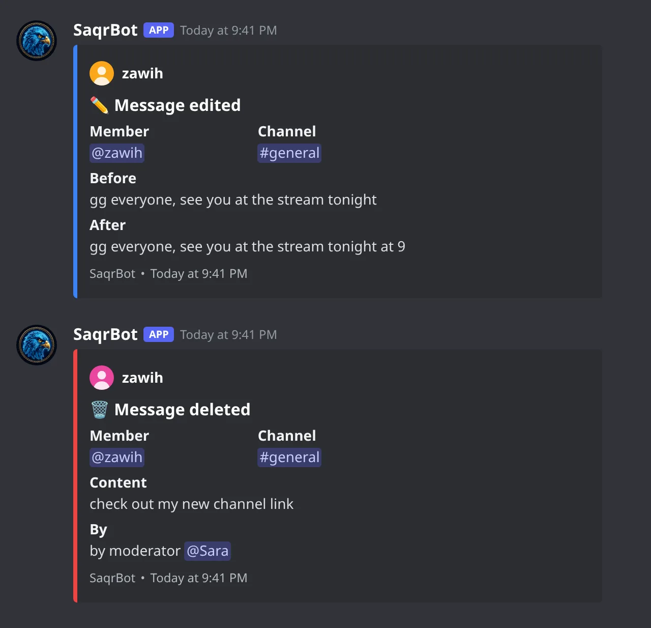 SaqrBot chat log embeds in Discord: an edited message with its text before and after, and a message deleted by a moderator