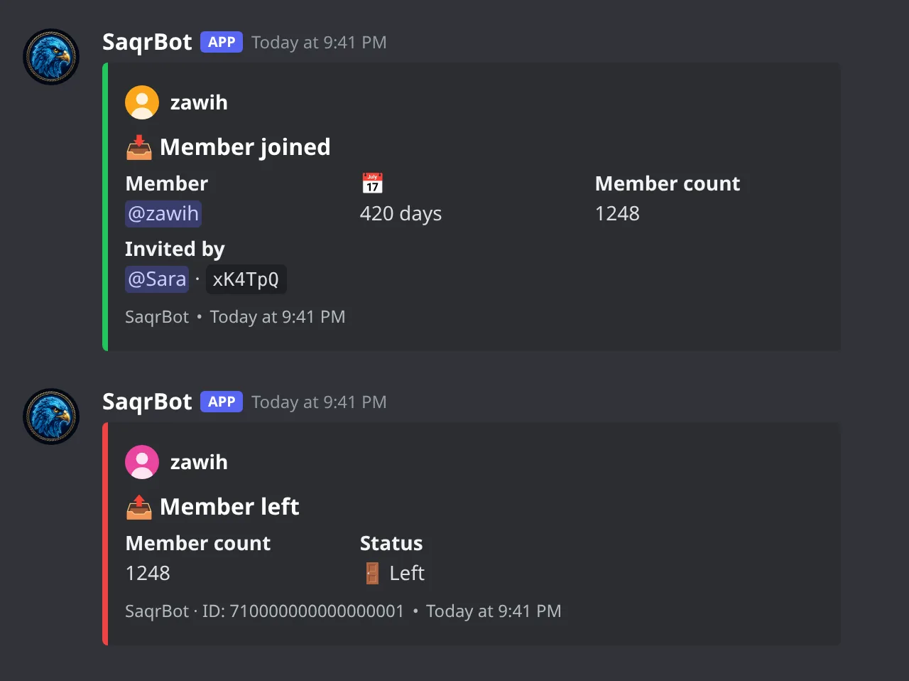 SaqrBot join and leave log embeds in Discord: a member joining with account age, member count and inviter, and a member leaving