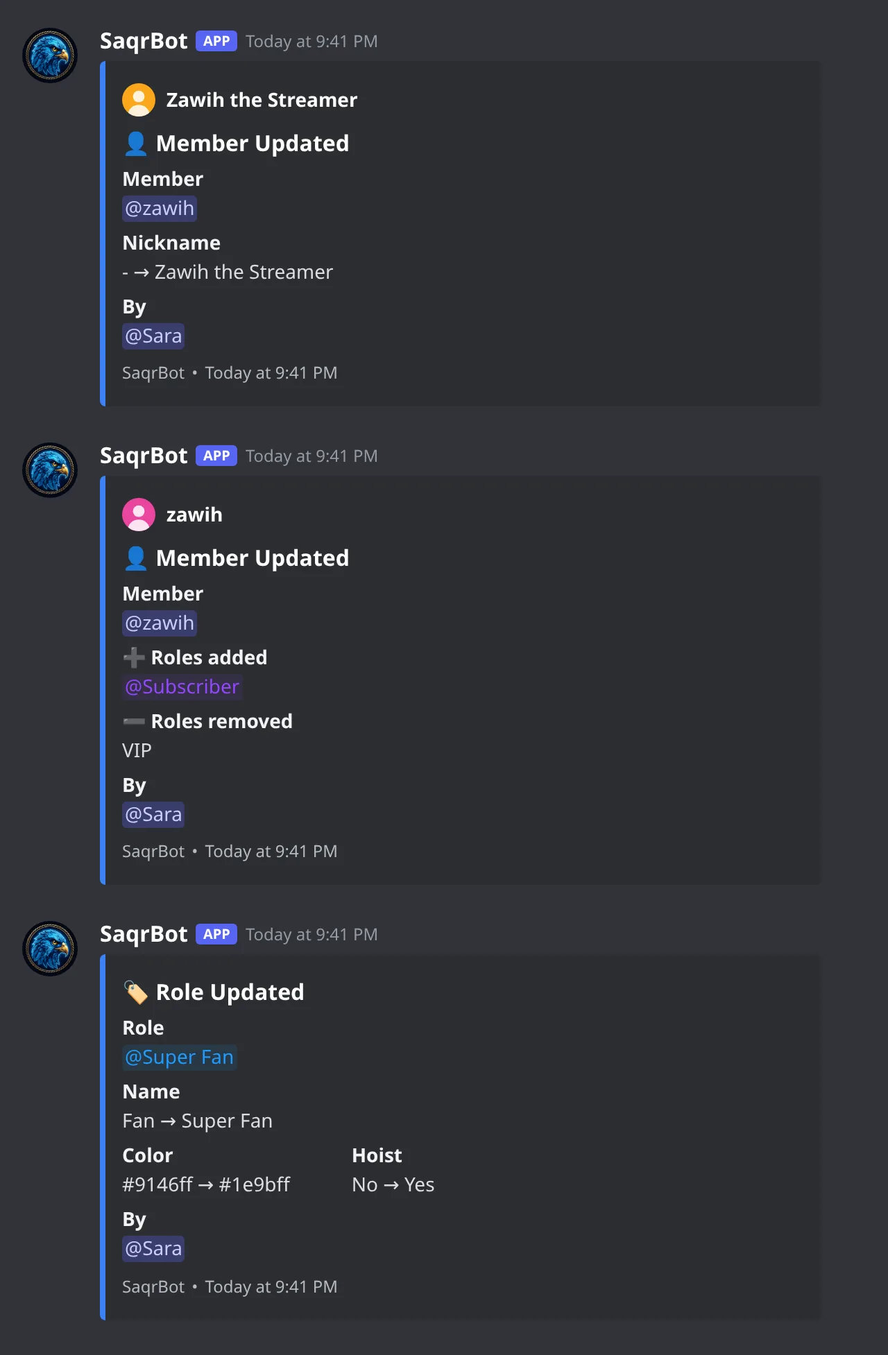 SaqrBot server log embeds in Discord: a nickname change, roles added and removed, and a role edit