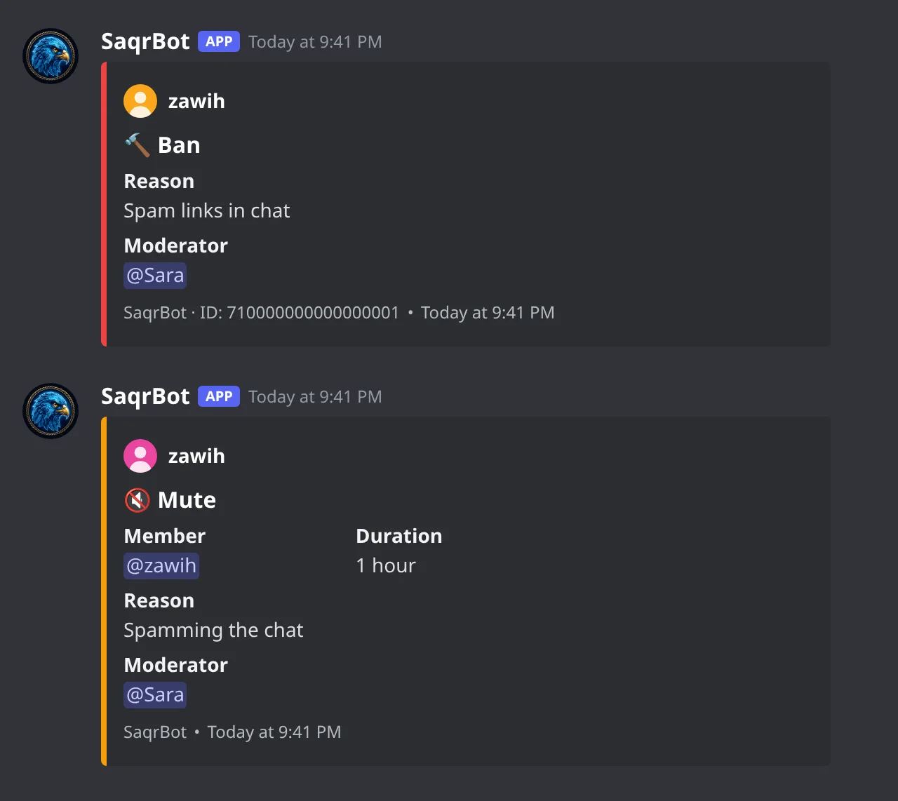 SaqrBot moderation log embeds in Discord: a ban and a one-hour mute with reason and moderator