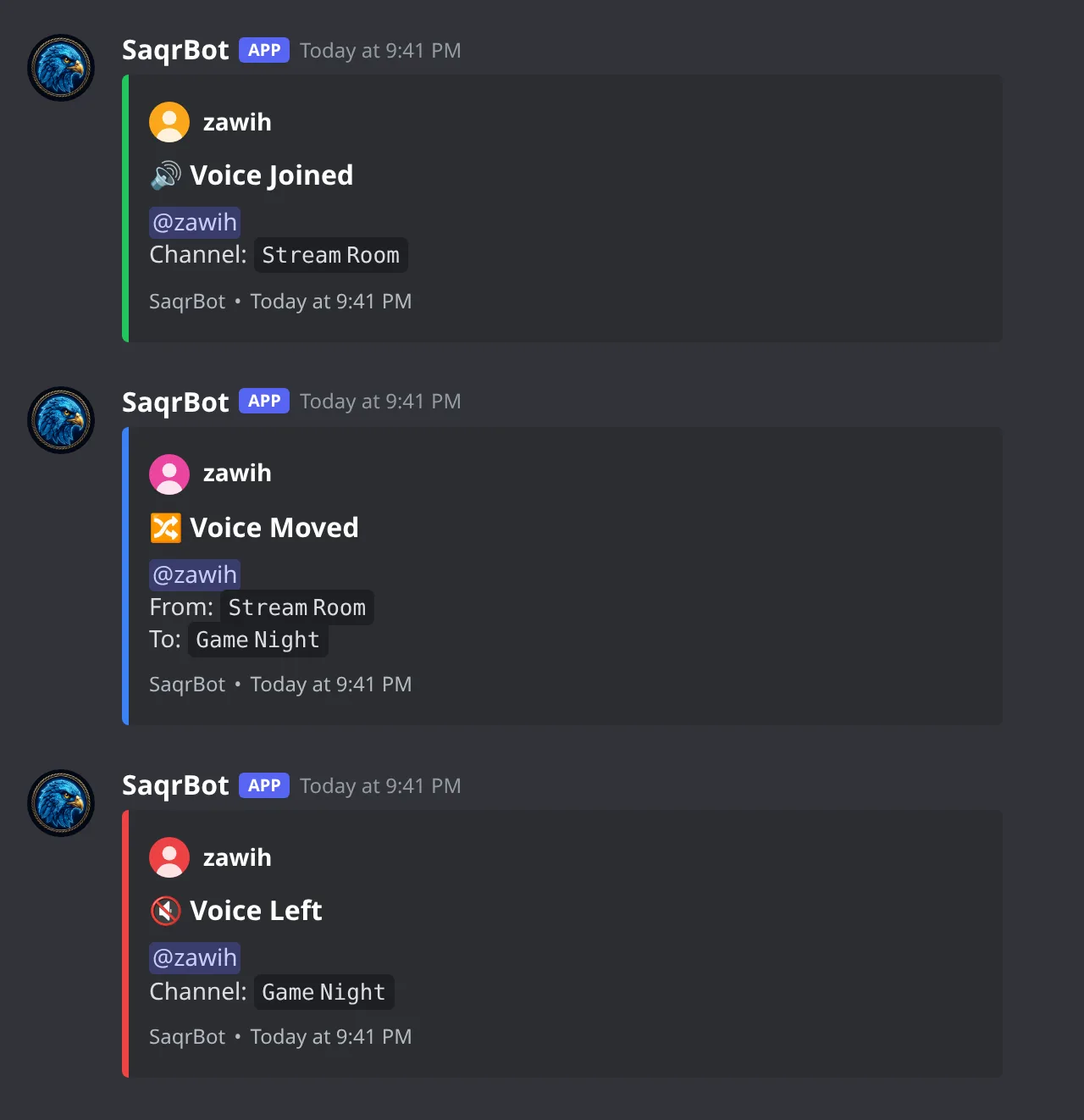 SaqrBot voice log embeds in Discord: a member joining, moving between and leaving voice channels