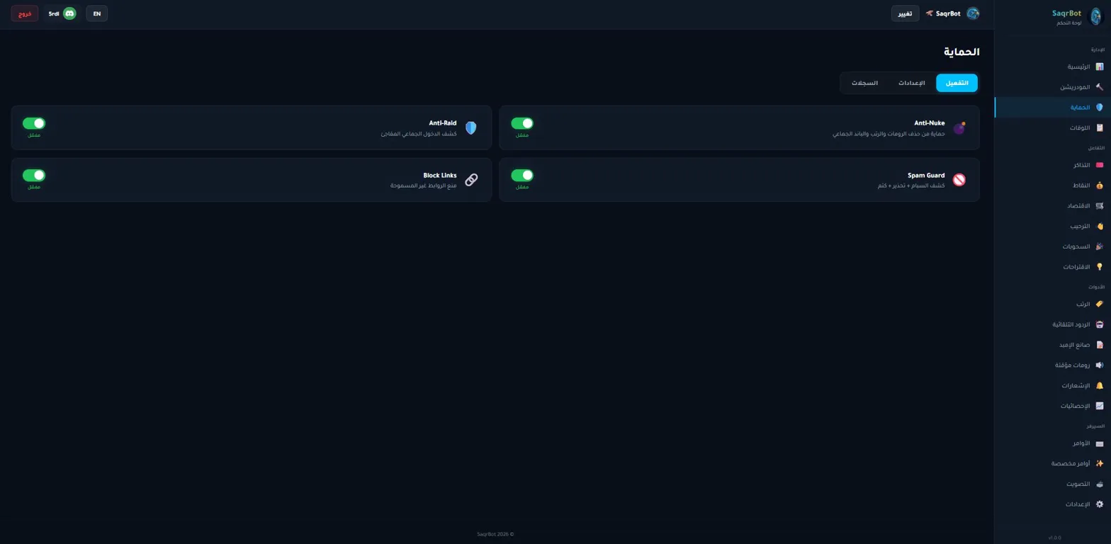 SaqrBot protection dashboard