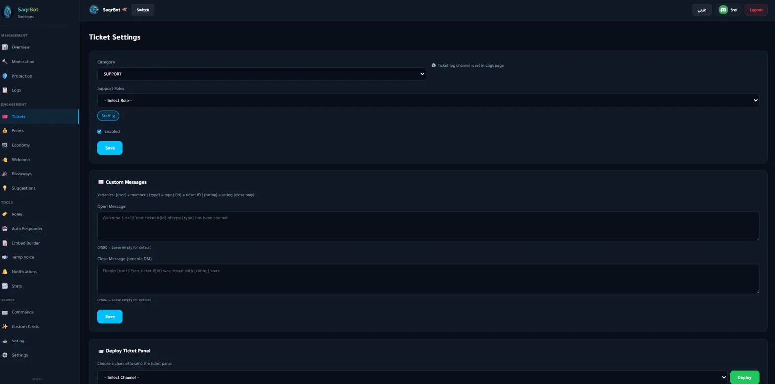 SaqrBot tickets dashboard