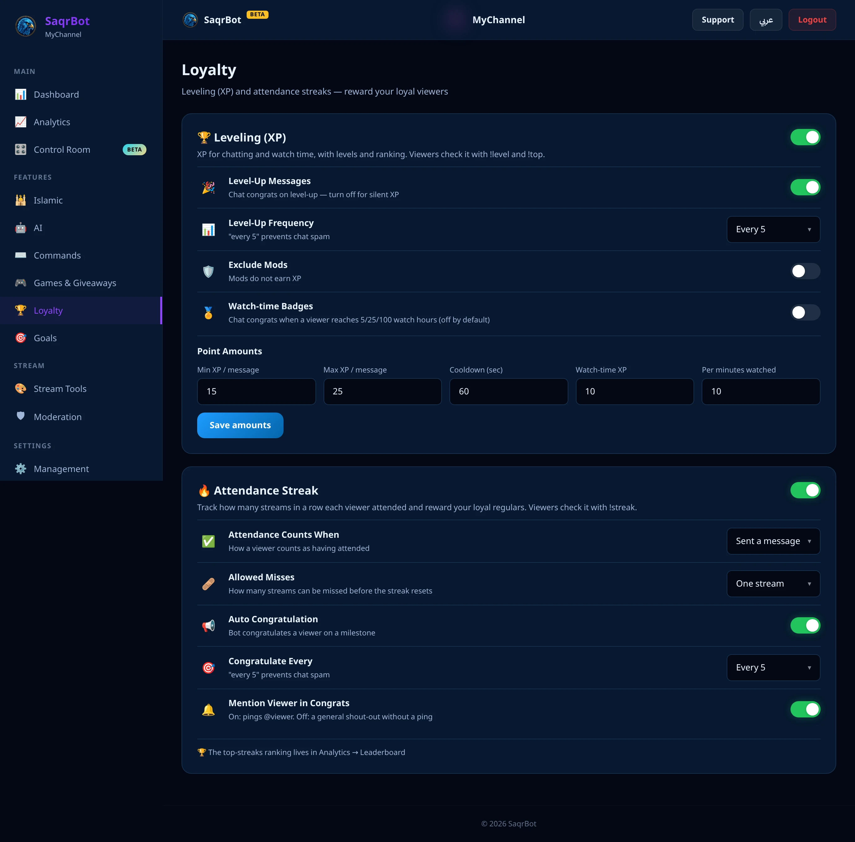 The SaqrBot Twitch dashboard Loyalty page for XP, levels and streaks
