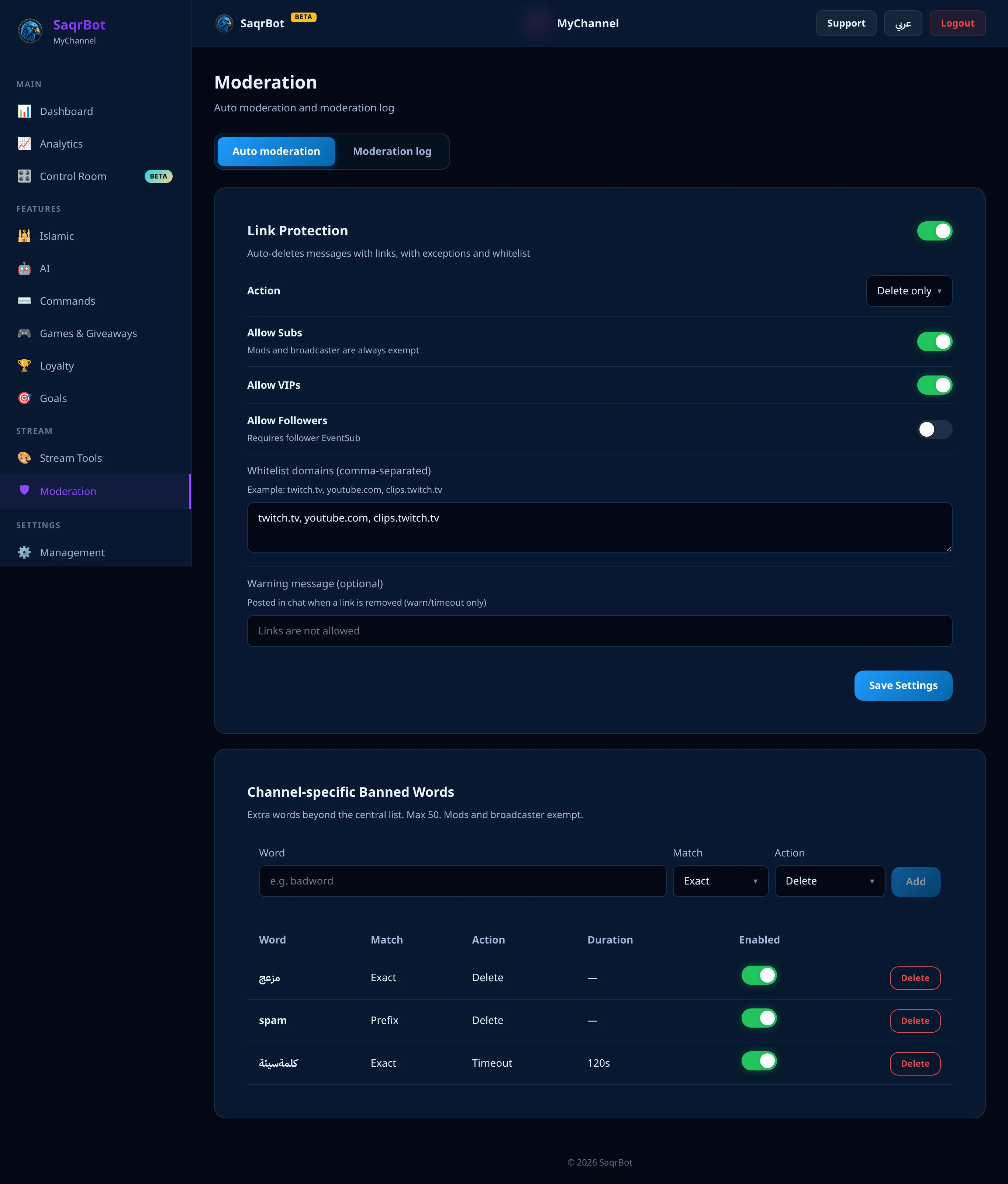 The SaqrBot Twitch dashboard Moderation page for chat protection